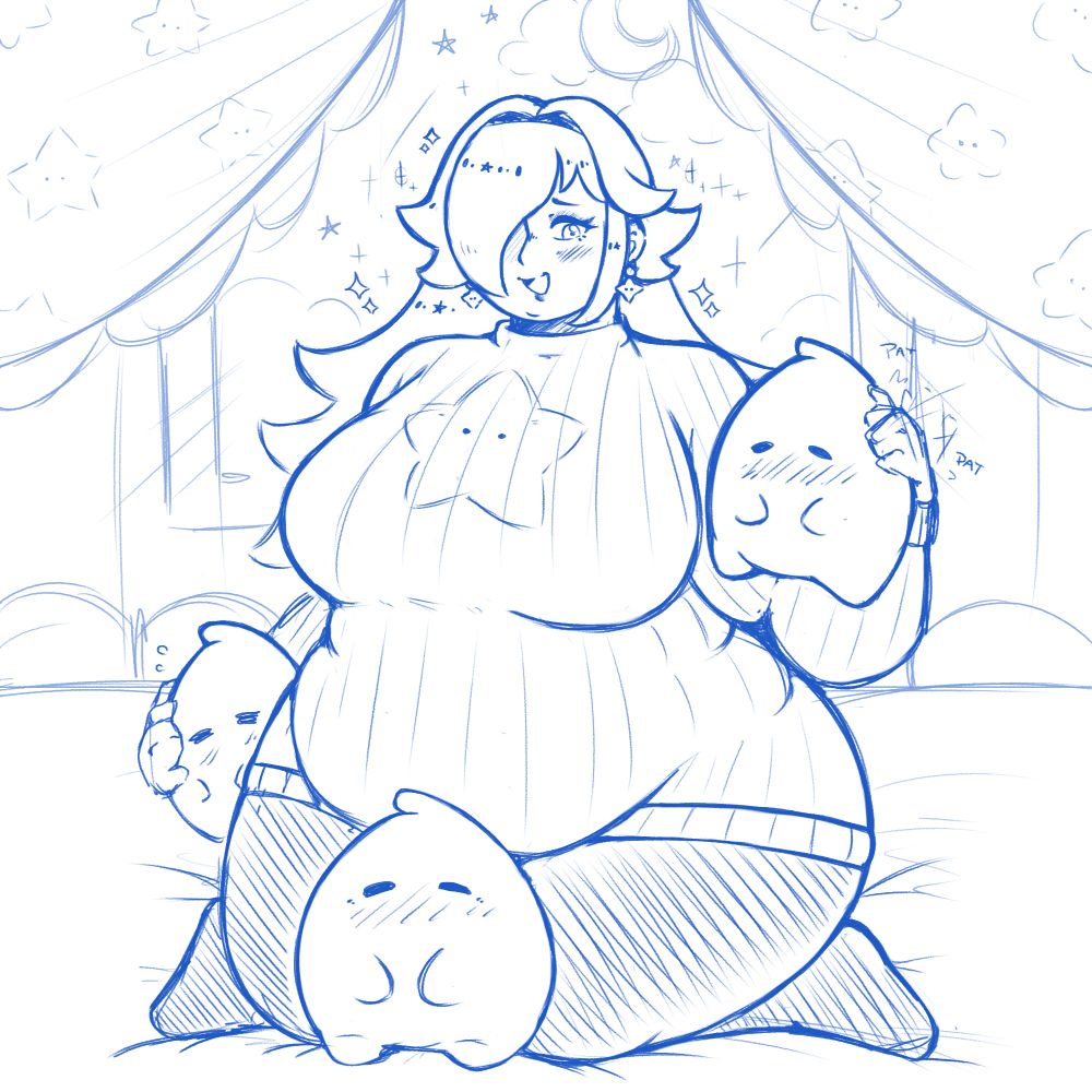 A simplistic doodle of Rosalina from Super Mario Bros. Here drawn chubby, sitting down cuddling with 3 lumas. Who all look very comfy 