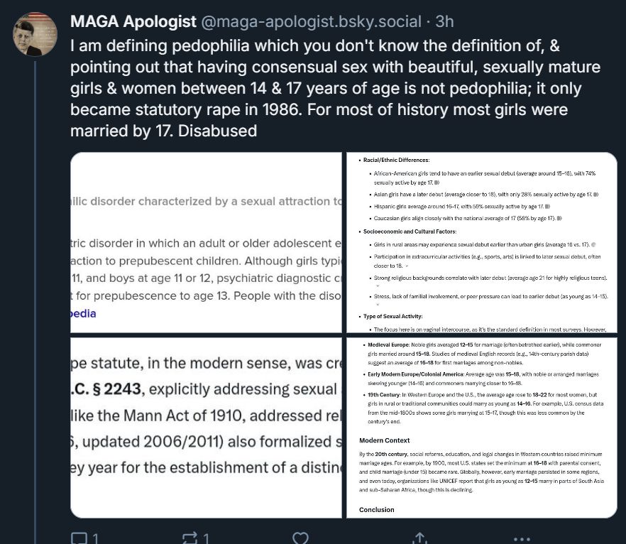 A screenshot of a "MAGA apologist" arguing that pedophilia is okay.