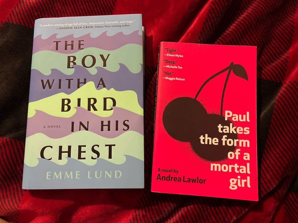 Two books are side by side facing up on a red plaid blanket. The hardcover on the left is “The Boy With A Bird In His Chest” by Emma Lund. The softcover book on the right is “Paul Takes the Form of a Mortal Girl” by Andrea Lawlor.
