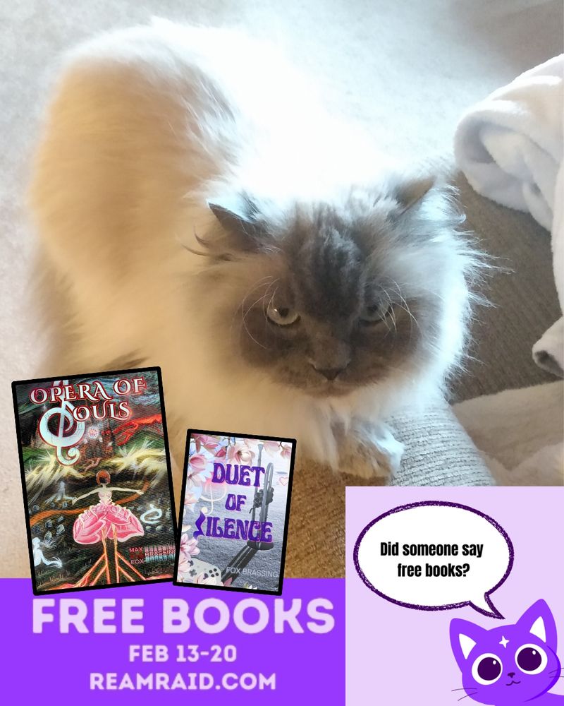 Gandalf the white fluffy himalayan cat looking at the camera. Read Opera of Souls and Duet of Silence at reamraid.com from 2/13-2/20 for free