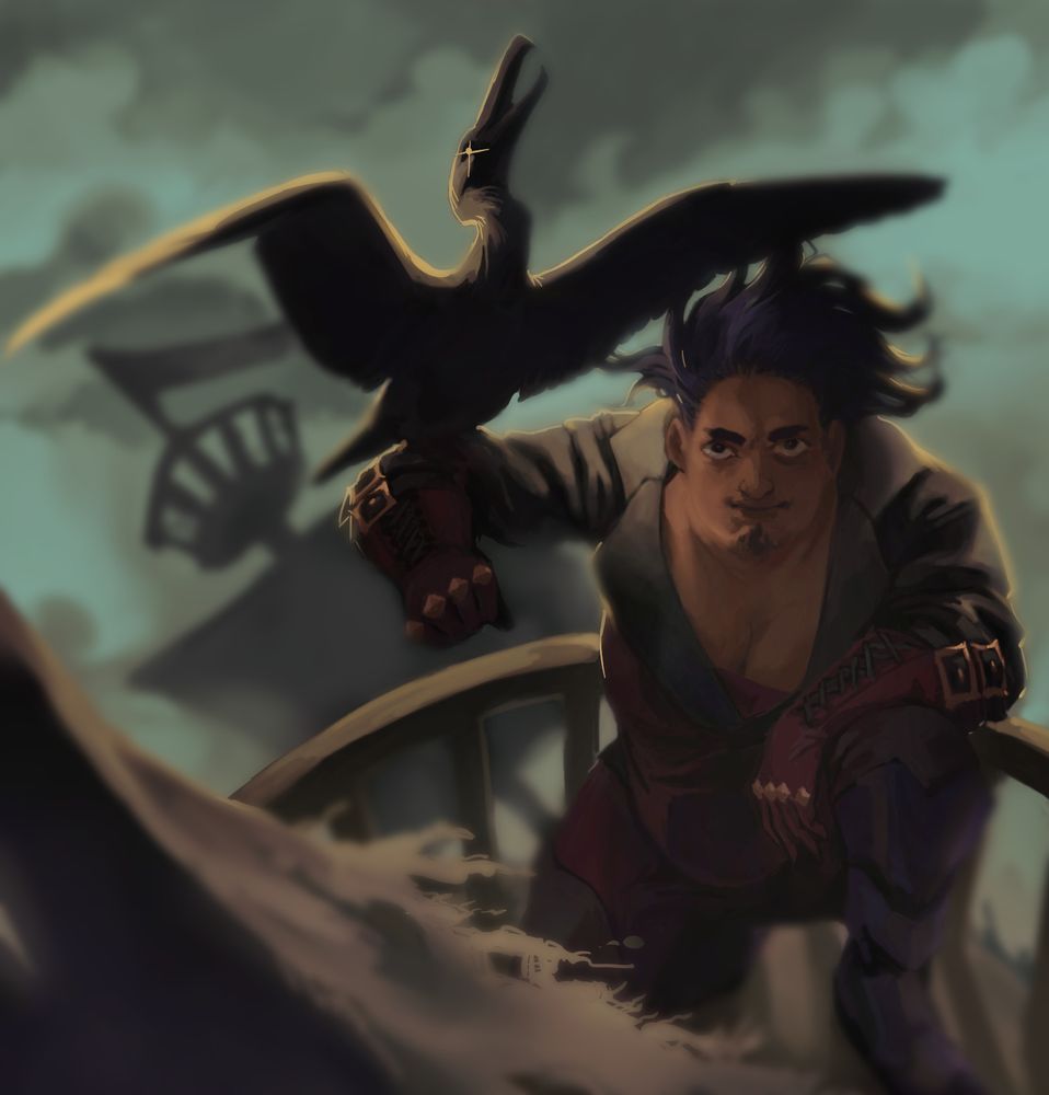 a digital painting of a pirate lady squatting on the side of a sinking ship, holding a shadowy cormorant on her arm