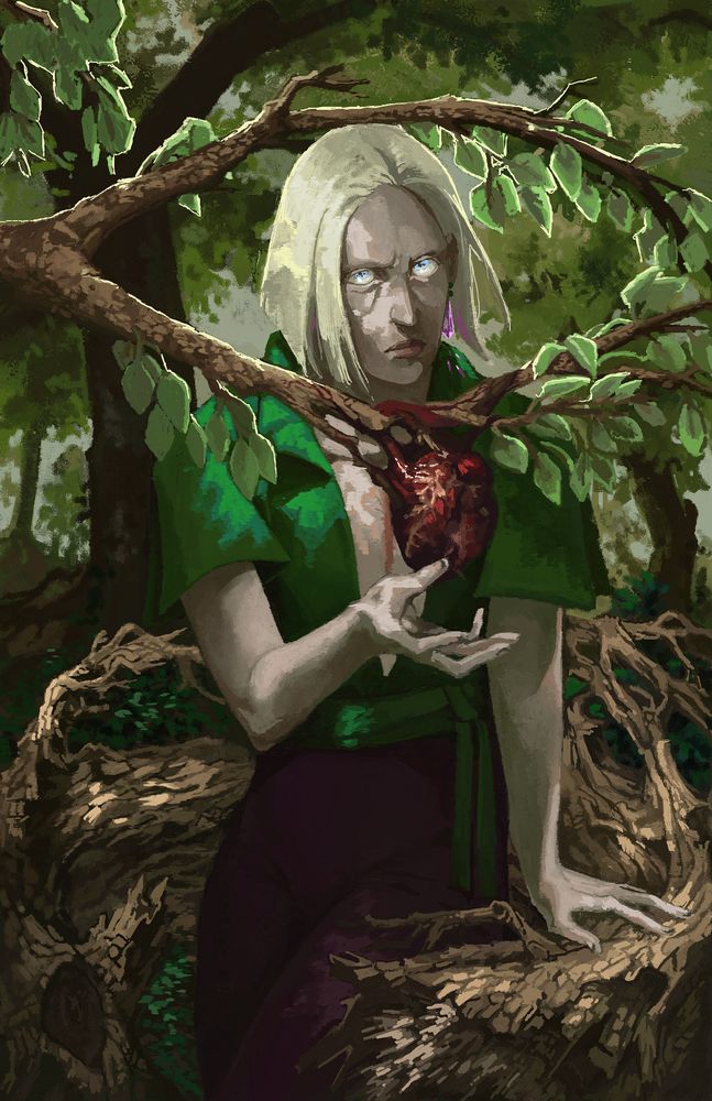 a digital painting of a scary-looking white witch lady surrounded by trees. A branch dips in front of her, with an anatomical heart seemingly growing out of it like a fruit.
