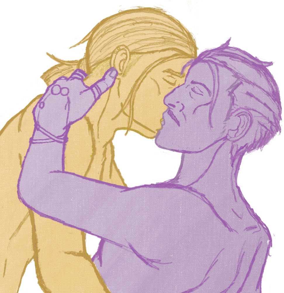 A masc presenting person (Rook) with their  hair pulled back is making out with a gentleman (Emmrich) with a moustache.