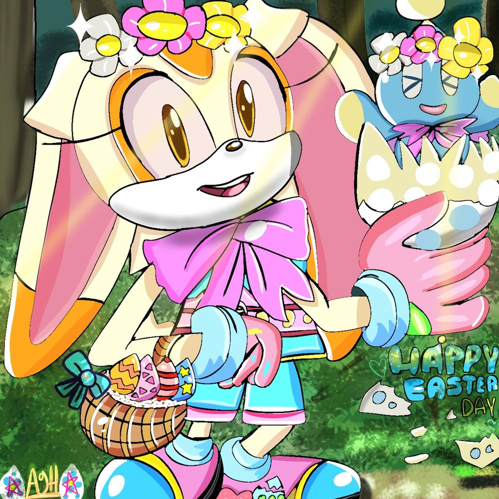 Cream y Cheese celebrando la Pascua
Con el estilo de Chao Tales 💙🥚🧡🐰🌼😊