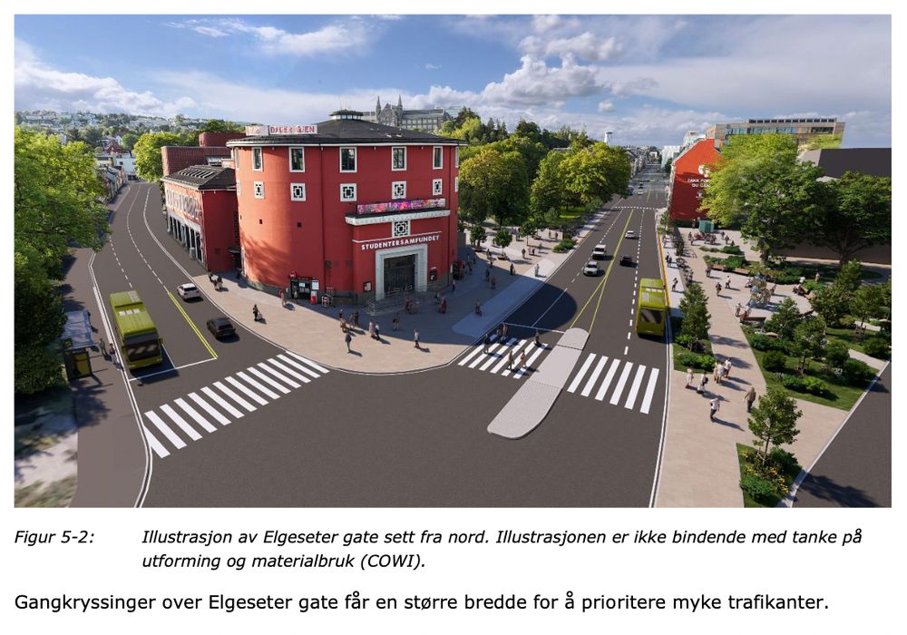 Illustrasjonsbilde over foreslått detaljplan: 
Figure 5-2: Illustrasjon av Elgeseter gate sett fra nord. Illustrasjonen er ikke bindende med tanke på utforming og materialbruk(COWI). 

Gangkryssinger over Elgeseter gate får en større bredde for å prioritere myke trafikanter. 