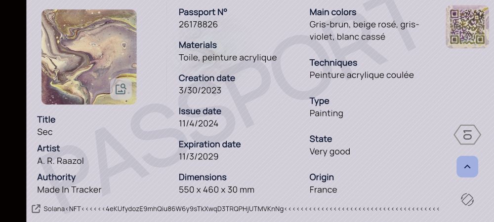 Details section for the Sec passport, passport mode
https://artworkpassport.com/artist/raazol/artwork/sec/details