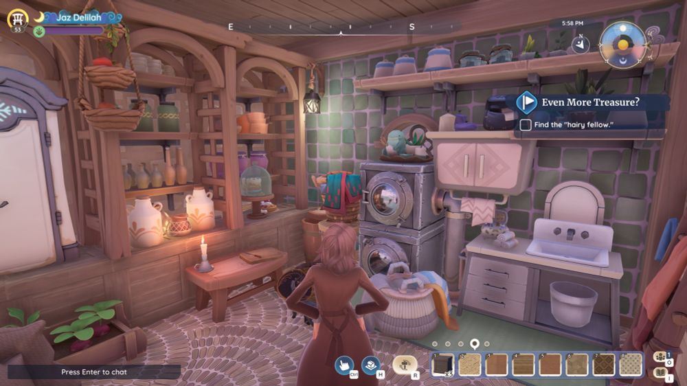Screenshot taken in the game Palia, showing my character in a pantry slash laundry room with her hands on her hips as I'm decorating the room. 