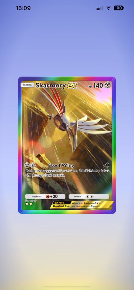 Screenshot of a rainbow full art Skarmory Ex card in PTCGP