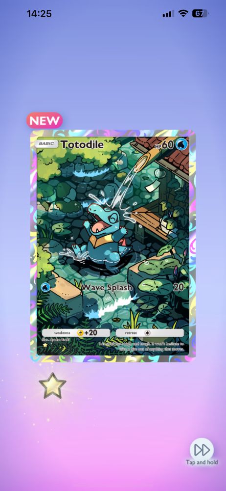 Screenshot of a Totodile full art card in PTCGP, showing a happy Totodile splashing in shallow water by a building