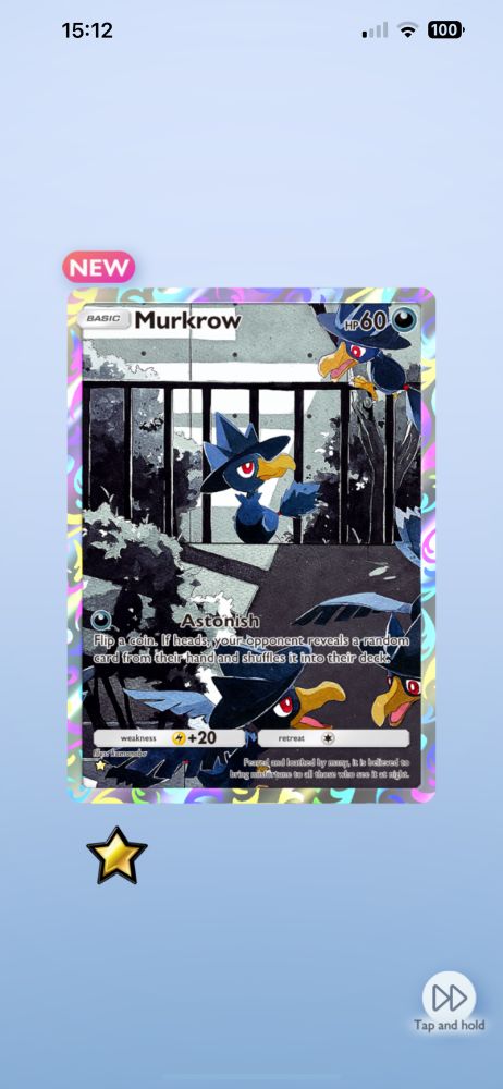 Screenshot of a Murkrow full art card in PTCGP, showing a group of Murkrow gathered around a fence. The art is in black and white, but the Murkrow are in color.