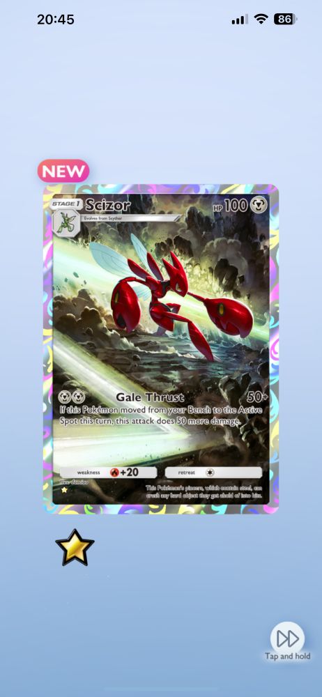 Screenshot of a Scizor full art card in PTCGP, showing a stern-faced Scizor in rocky surroundings. 