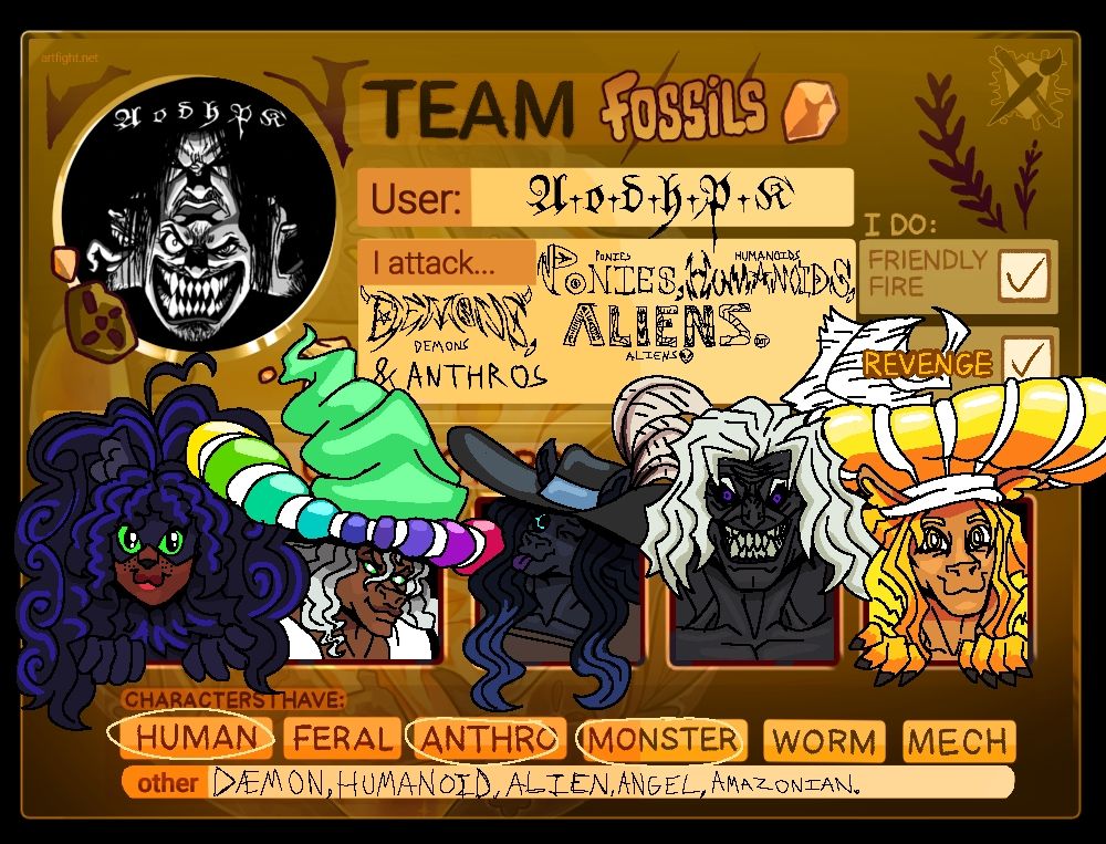 An Artfight ID sheet featuring original characters of AodhPK, (left to right) Dhiva Noonraiser, Unitallia Queensmare, Novella Queensmare, Michael Silvravillen, Arturius Kingsman.