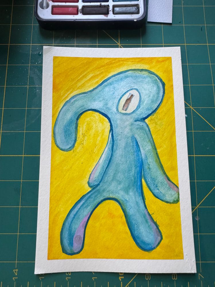 a watercolour painting of “bold and brash” squidward from spongebob squarepants