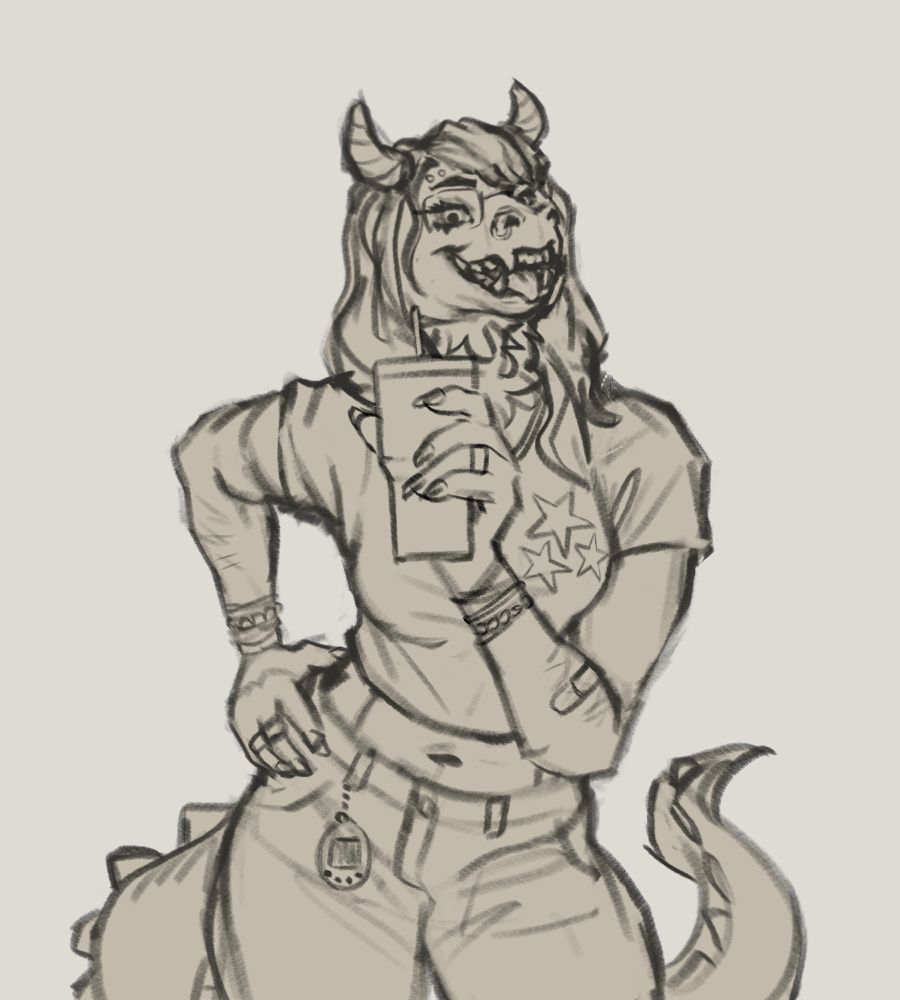 Sketch of an anthropomorphic dragoness, wearing 2000s inspired clothing and holding a cup in her left hand. She is smiling at the viewer in an unsettling way.