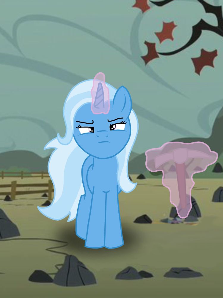 Trixie standing on the rock farm 
Background found here: https://www.deviantart.com/pony-tails/art/Rock-Farm-1-Background-522270535