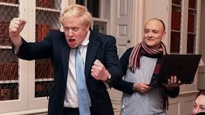 englands trump, boris johnson & dominic cummings celebrating the "get brexit done" election results of 2019. 6 years later, brexit is still not "done" and he's still combing his hair with a balloon.  