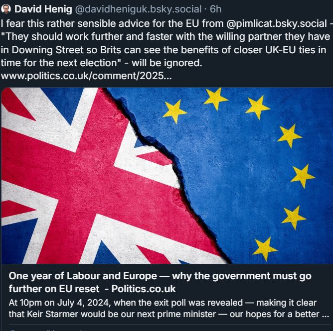 David Henig suggesting the EU could do more to help the british. within red lines of course. https://bsky.app/profile/davidheniguk.bsky.social/post/3lte6nmo2ws2i