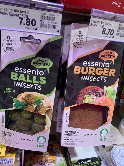 photo of essento instect based burgers on the shelves in Switzerland. 