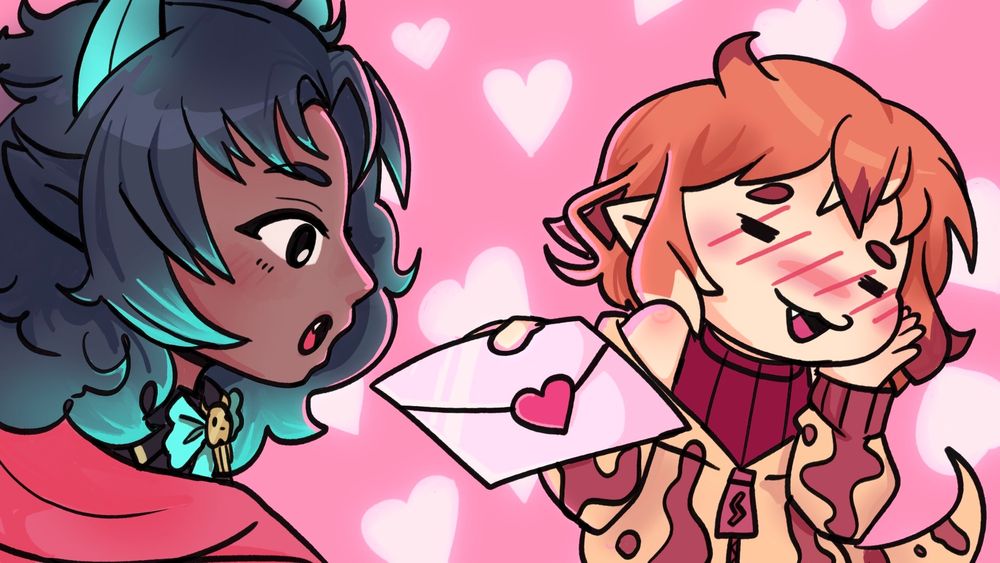 A digital illustration of myself blushing while giving my friend Nambce a love letter 