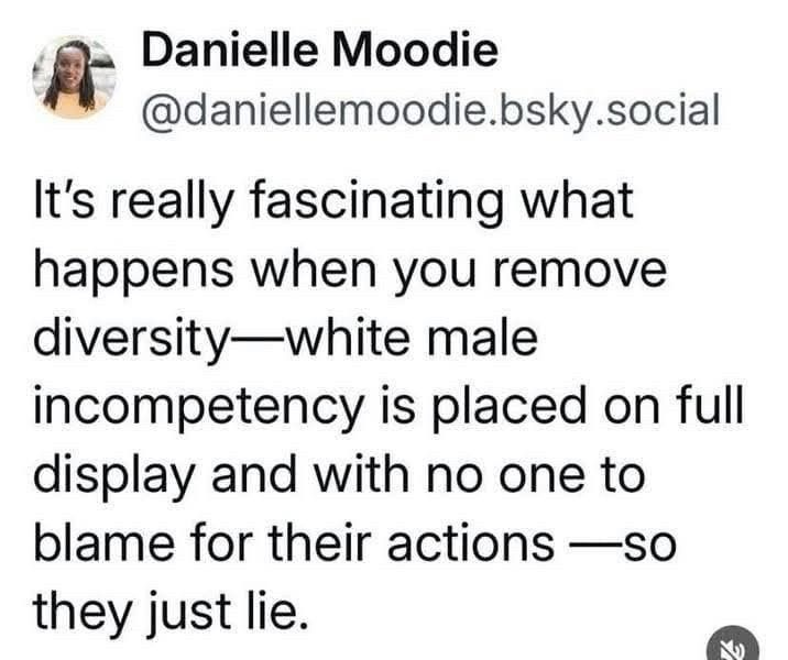 Danielle Moodie
@daniellemoodie.bsky.social
It's really fascinating what happens when you remove diversity-white male
incompetency is placed on full display and with no one to blame for their actions —so they just lie.