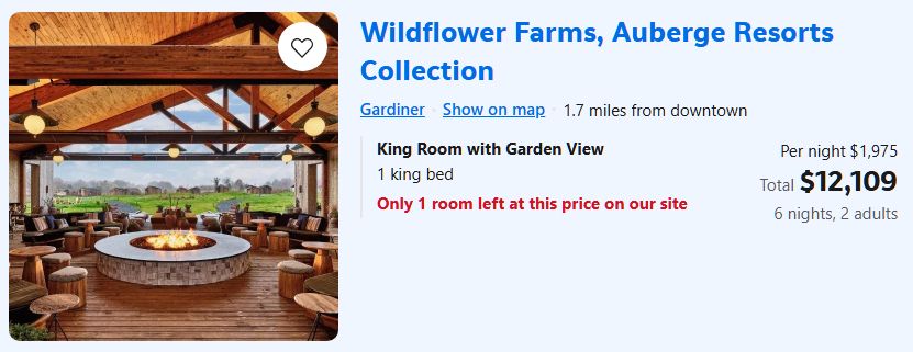 A screenshot from an online booking site shows that a six-day stay for two adults at Wildflower Farms Resort costs $12,109 for a room with one king-sized bed.