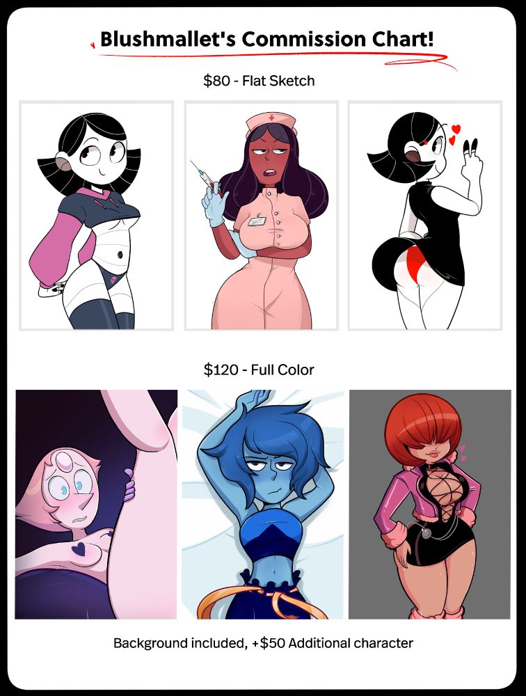 Blushmallet commission pricing displays two options. First is a flat sketch for $80, which includes a cleaned-up sketch with flat colors on a white background. Second is the full color option for $120, which includes full ink and color on any background requested.