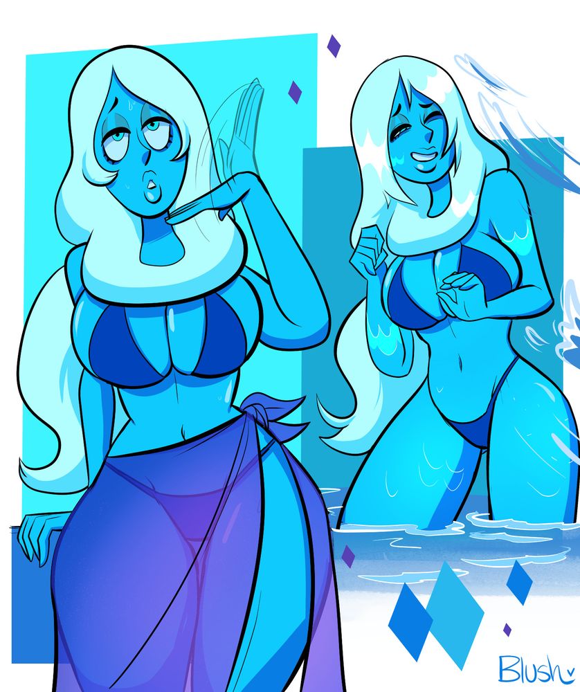 Two drawings of Blue Diamond from Steven Universe in bathing suit. One has her trying to stay cool by fanning herself. The second drawing is her being splashed in water.