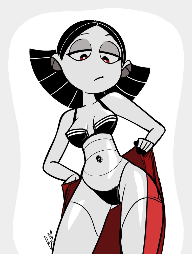 Malletbot undressing. Removing a robe while wearing a black underwear set