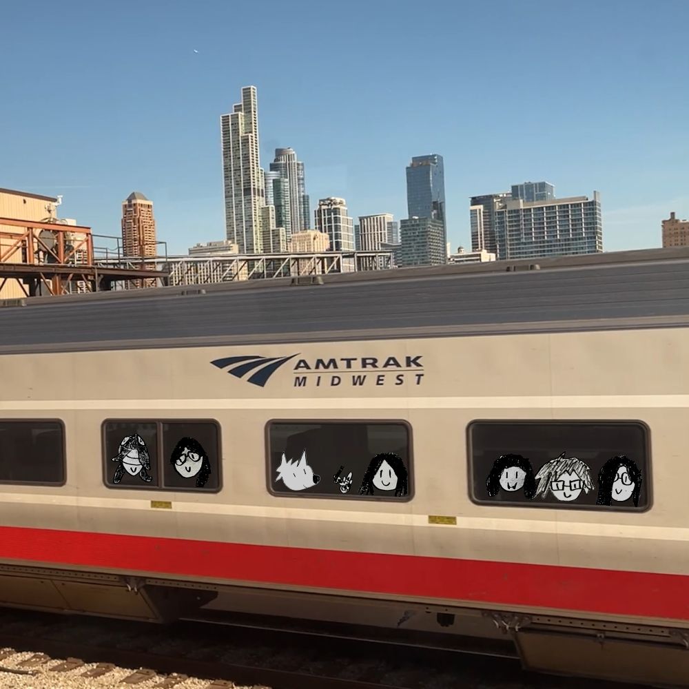 picture of an amtrak midwest train in front of the chicago skyline with drawings of me and my friends sitting in the windows