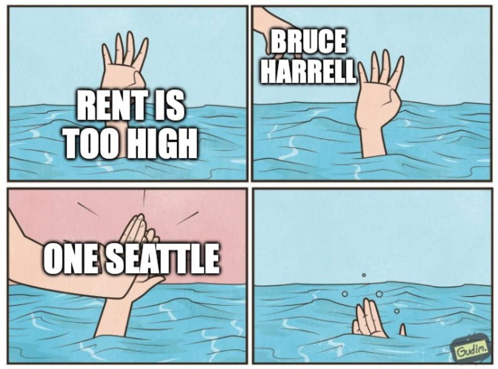 Meme of person drowning and other person reaching hand out to give a high five instead of saving the person. Tiles say:
- Rent is too high (person drowning)
- "Bruce Harrell" (reaching out hand)
- "One Seattle" (high five)
- (person drowns) 