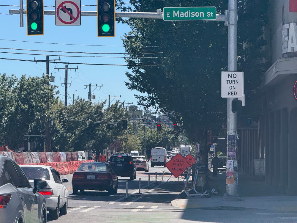 Pic of a bike lane with flex posts and signs blocking the bike lane