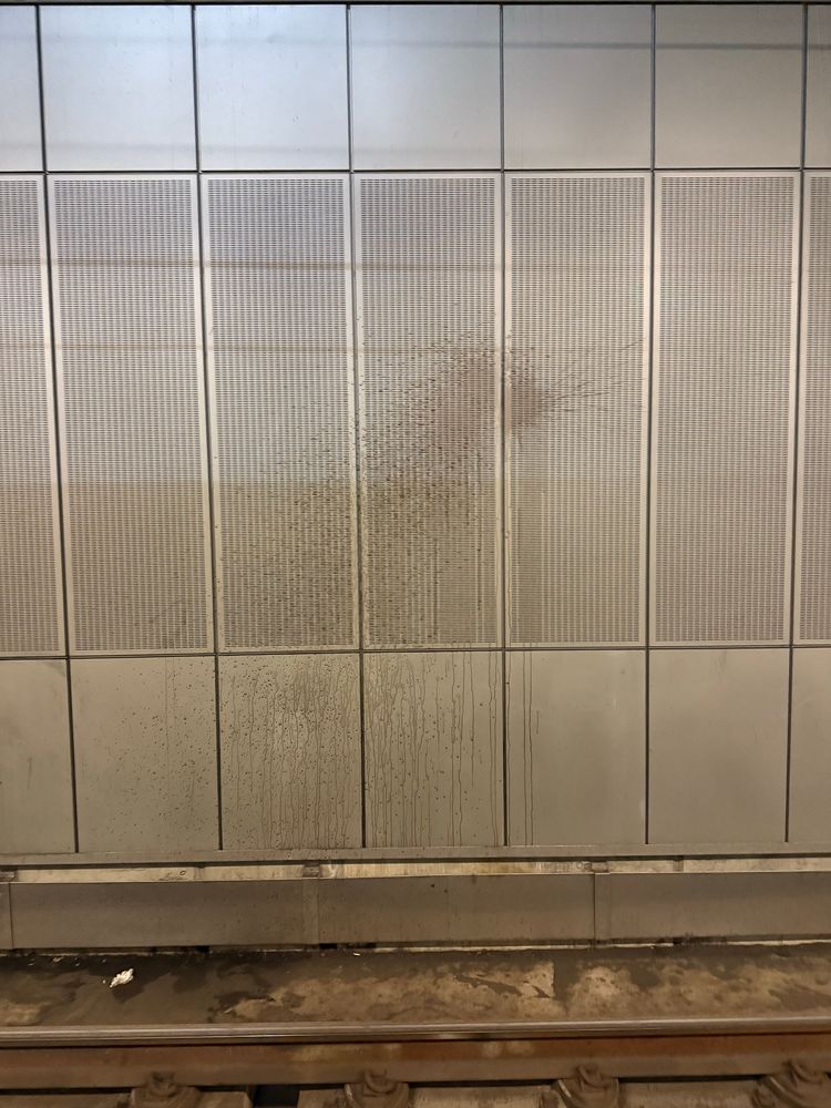 the stain, a big splash shaped stain on the wall behind the tracks 