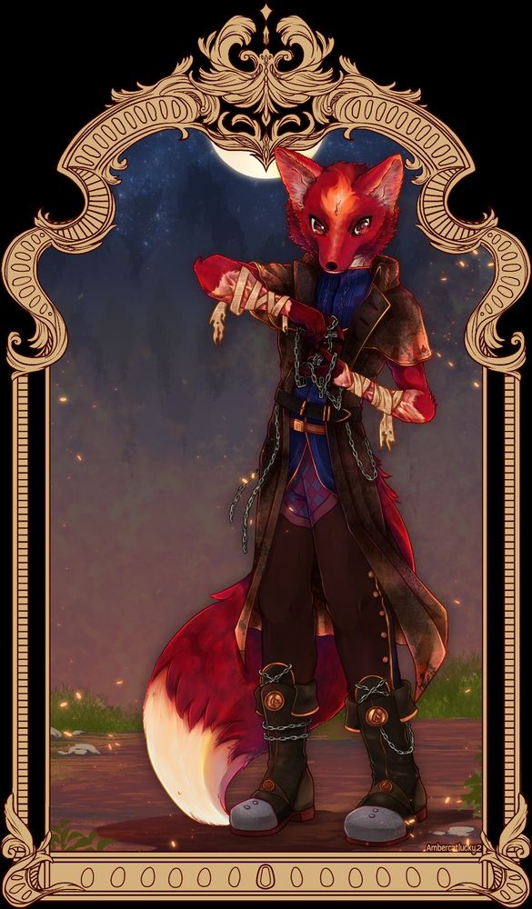 A fox man with red fur and an orange flame pattern on their forehead. He is standing in a clearing with his arms and hands raised holding a length of chain wrapped around his hands. Behind him there are faintly displayed flames over a night sky. The image is enclosed in a light brown/gold frame.