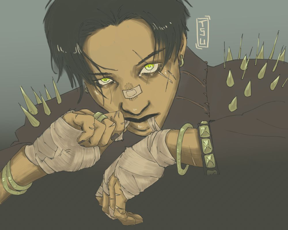 a drawing of chan from skz. his hands are bandaged and hes tightening the bandages on one hand with his teeth. hes wearing a studded leatherjacket and the colorscheme is muted browns and greens, his eyes a bright lime green.