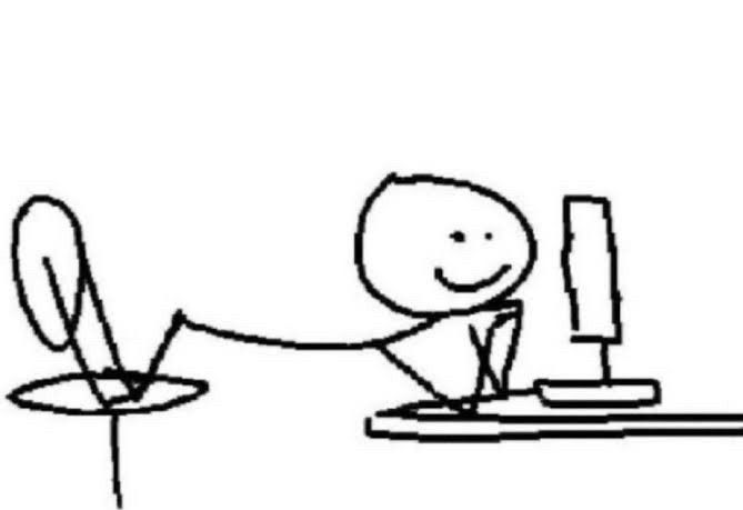 A stick figure in front of a computer. The stick person's stretched out so that the knees are on the computer chair seat and their elbows are on the desk, placing their face close to the monitor. They are smiling.