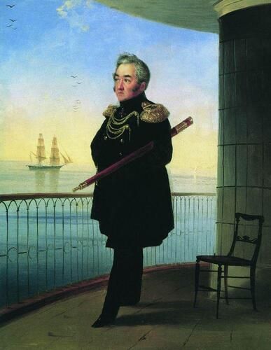 "Portrait of Vice Admiral M.P. Lazarev" by Ivan Aivazovsky captures the maritime commander in full dress uniform, exuding authority and poise against a backdrop of calm sea and distant ships. Known for his mastery of seascapes, Aivazovsky skillfully integrates the naval theme, highlighting Lazarev’s esteemed naval career.
