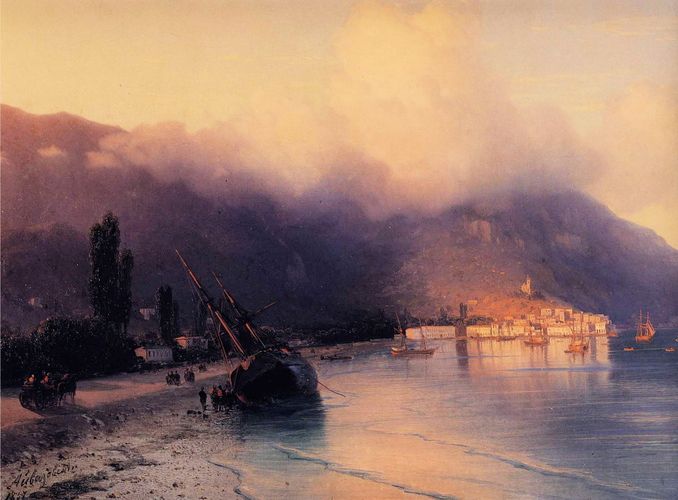"View of Yalta" by Ivan Aivazovsky captures a serene coastal scene with the town of Yalta nestled below misty hills, bathed in the warm glow of the setting sun. A ship rests quietly on the shore, reflecting Aivazovsky's mastery of light and seascape artistry, which makes his works so evocative and timeless.