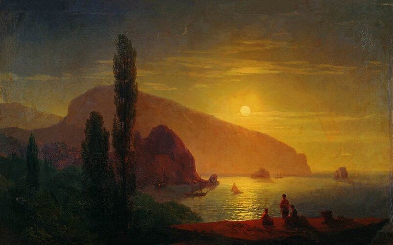 "Ivan Aivazovsky's 'Night in the Crimea. View of Ayu-Dag' captures the serene beauty of the Crimean landscape with a luminous moon illuminating the placid waters and silhouetting the majestic Ayu-Dag mountain. The delicate interplay of light and color reflects Aivazovsky's masterful skill in seascapes, evoking a sense of tranquility and profound connection with nature."