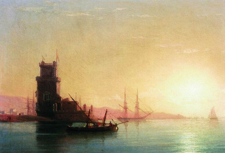 "Ivan Aivazovsky's 'Lisbon. Sunrise' captures the tranquil beauty of a glowing sunrise over the Tagus River, highlighting his masterful depiction of light and atmosphere. The artwork features the iconic Belém Tower silhouetted against a backdrop of sailing ships, reflecting Aivazovsky's passion for maritime scenes and his romantic style."