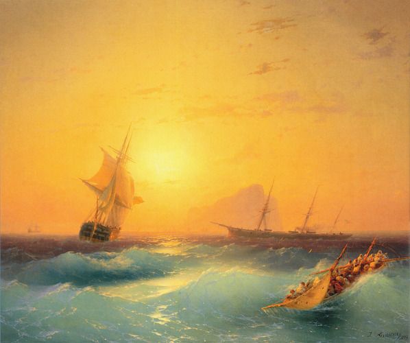 "Ivan Aivazovsky's 'American Shipping off the Rock of Gibraltar' captures the dramatic interplay of light and sea as American ships navigate the waves against a backdrop of a striking sunset. The painting showcases Aivazovsky's mastery of marine art, bringing to life the power and beauty of the ocean and its vessels."