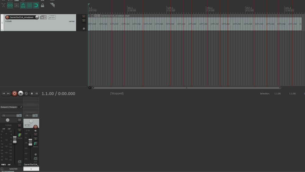 Image of a mostly grey screen with a few green and red buttons (default Reaper view). Near the top is a lighter grey bar that says "offline" over and over, bisected many times with vertical red lines at uneven intervals. Below is a medium grey field, and then the bottom half of the screen shows a dark grey area with two mixing faders on the left.

(Note - the titles of the red lines have been removed because spoilers are not your friend.)