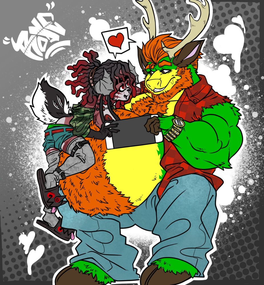 Two anthropomorphic individuals looking lovingly into each other's eyes. One is a rather large bright green reindeer with a yellow belly and chest, adorned with tremendous ball gut and muscles. Meanwhile a small impish rabbit rests against the deer's muscle gut, as they whole what appears to be a Nintendo switch in hand. 