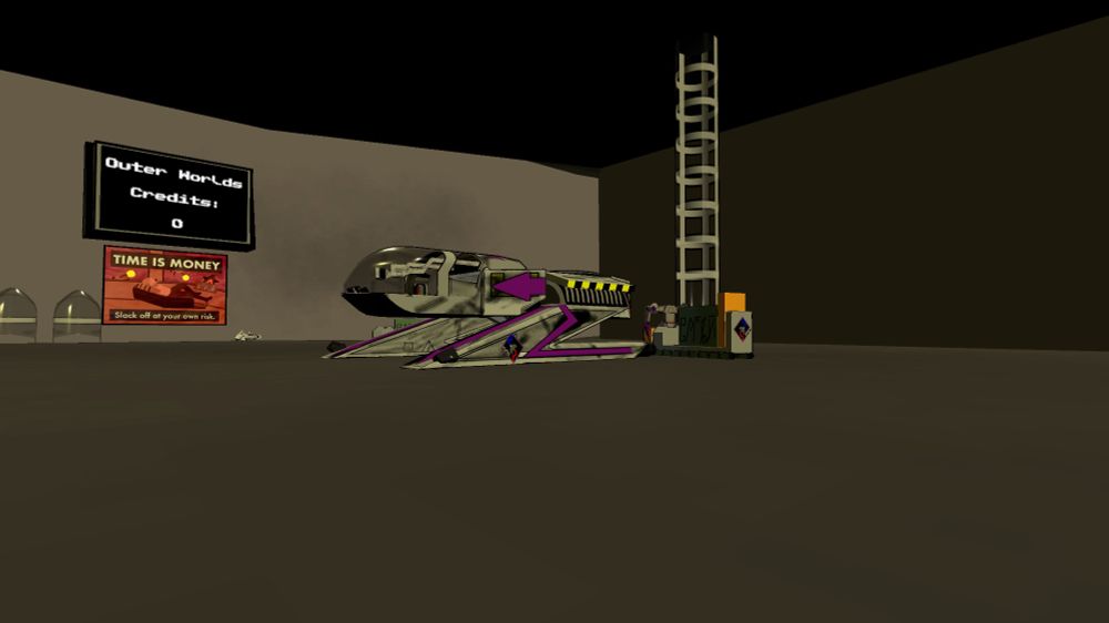 CargoSpace starting bay during early beta. The bay is a big empty room only containing the necessary dressings. Only the player ship, leader droid, and score display take up the scene
