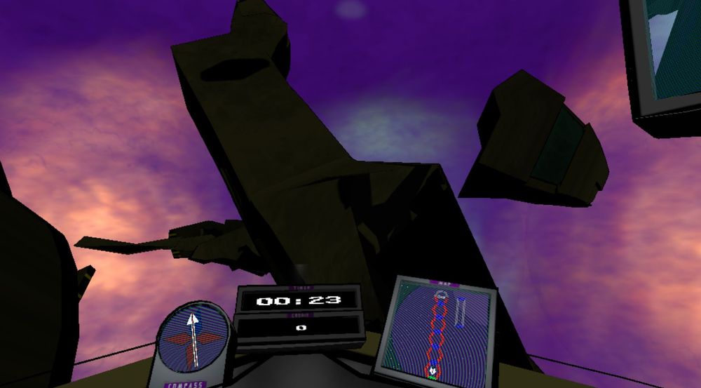 Indie game CargoSpace screenshot showing off a destroyed ship in front of the player. The ship is in many pieces, with even the cockpit detached from the main body