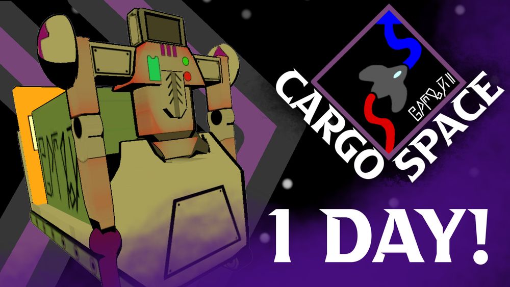 CargoSpace promotional image showing one day until the game's launch of steam as of this post. The droid shown on the left of the image is a loader droid in the game that helps the player and has a helpful boxes left monitor on its cute little head!