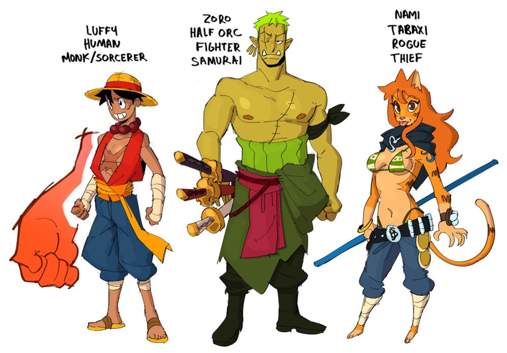 dnd character designs for luffy, zoro and nami from one piece