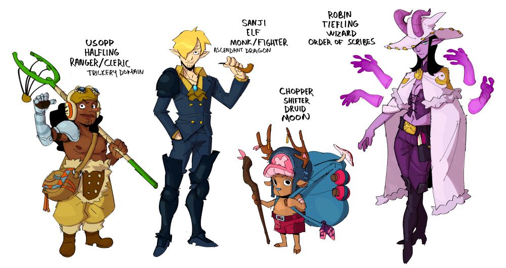 dnd character designs for usopp, sanji, chopper and robin from one piece