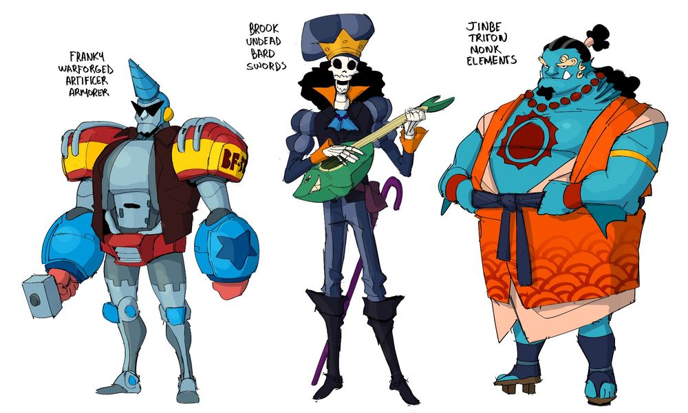 dnd character designs for brook, franky and jinbe from one piece