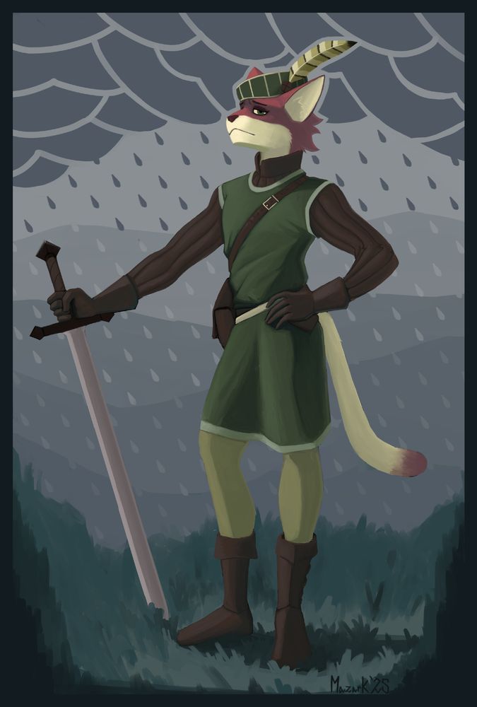 An anthropomorphic cat standing in the center of the frame, his left hand resting on his hip and his right hand holding up a sword, which is stabbed into the ground. He's looking straight at the viewer with melancholic eyes and furrowed brows. He's wearing boots and gloves a gambeson, and, over it, a green tunic. On top of his head is a green hat with a feather attached to it. In the background are stylized clouds and a rainy landscape.