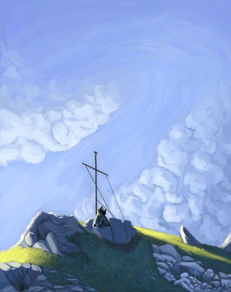 A bright, blue sky with some white clouds lights the mountain peak as the Sun lowers closer to the horizon and gives way to the summer evening, and the the green grass and warm stones start to fall into shade.
The old mountain cross , firmly planted in the rocky ground, stands  against the sky, and at its base two lovers kiss.
